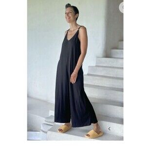 Caraucci Cotton Ruched Jumper Baggy Comfy Loungewear Black Jumpsuit Sz M $118